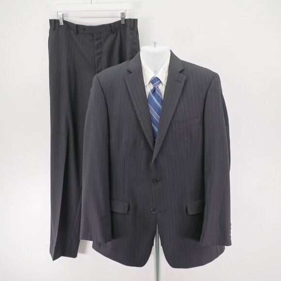 Calvin Klein Wool Gray Striped 2 Piece Suit 40L Flat Front 34 / 34 Mid Rise 2 Bu - Picture 1 of 15